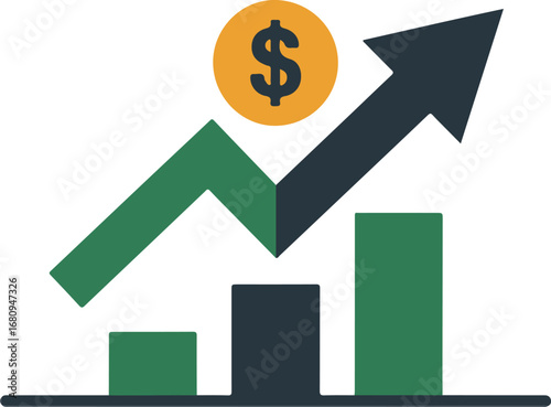 Flat design icon representing savings growth and financial success with upward arrow and dollar coin vector
