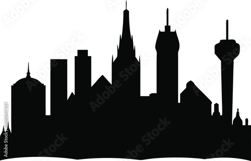 Monochromatic silhouette of a city skyline featuring diverse architectural styles and tall buildings against a bright backdrop silhouette