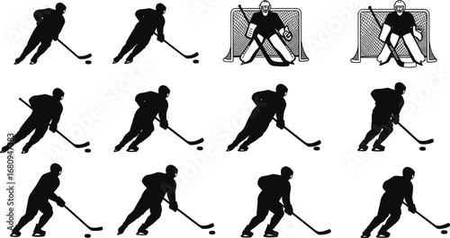 Silhouette of ice hockey players and goalies in various poses, hockey sticks, pucks, skating, defensive positions, sport competition