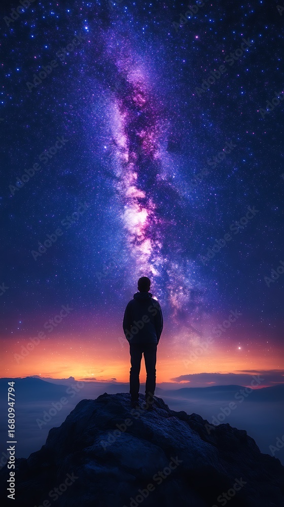 Fototapeta premium A person observing the milky way galaxy with vibrant colors and a night sky photo.