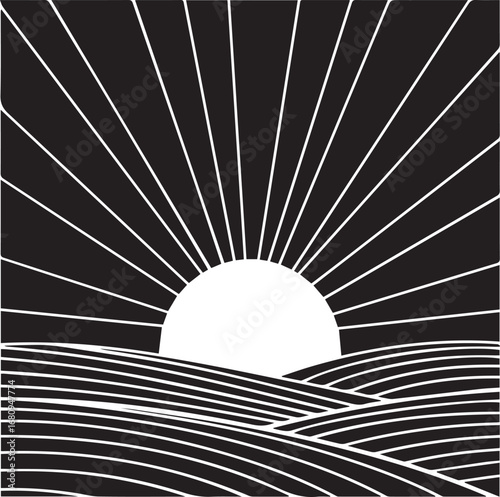 Bold Black and White Graphic of a Sunrise Over Stylized Hills rays lines