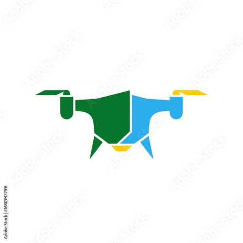 Colorful drone logo icon in a flat minimalist style, a creative quadcopter graphic symbol representing modern aerial technology, surveillance, and innovative flight concepts