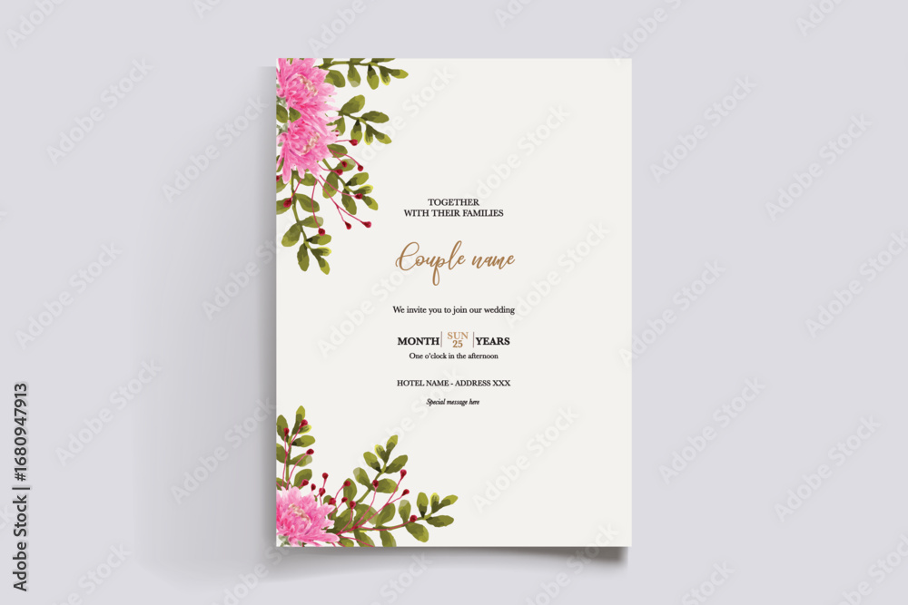 Fototapeta premium WEDDING INVITATION FRAME WITH FLOWER DECORATIONS AND FRESH LEAVES