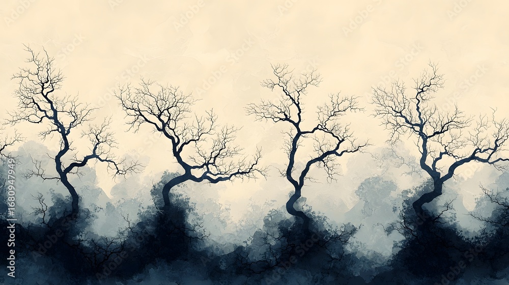 Fototapeta premium Abstract illust n featuring a serene winter landscape with dark bare tree silhouettes emerging from misty blue fog against a light textured sky