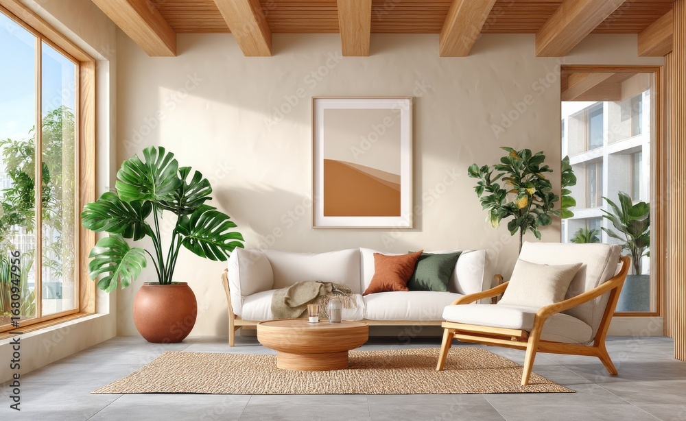 Fototapeta premium Modern living room with natural lighting and stylish minimalist decor