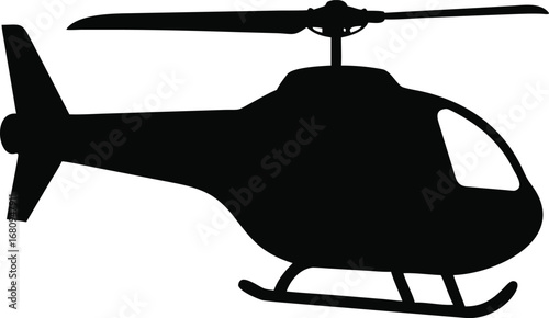 A stark black silhouette of a modern helicopter is depicted against a clean white backdrop showcasing its sleek aerodynamic design and powerful rotor system. silhouette