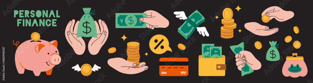 Obraz premium Personal finance concept with money, coins, credit cards, piggy bank and hands holding cash. Trendy modern vector illustration on black background, hand drawn, flat design