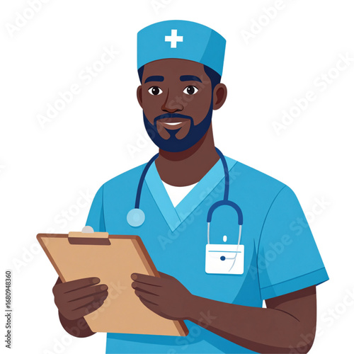 Male Nurse with Clipboard in Blue Scrubs Illustration