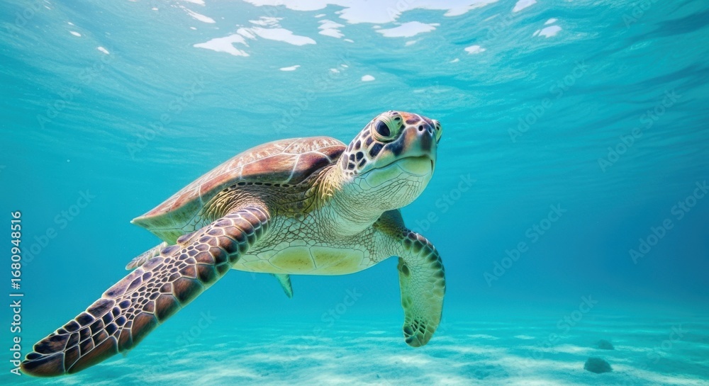 Obraz premium Sea turtle swimming gracefully in clear blue ocean water over sandy seabed