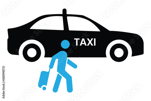 Taxi cab car vector icon with passenger. Taxi driver service sign. Public transport Travelling by car. Road trip. Customer pick up. Vector illustration.