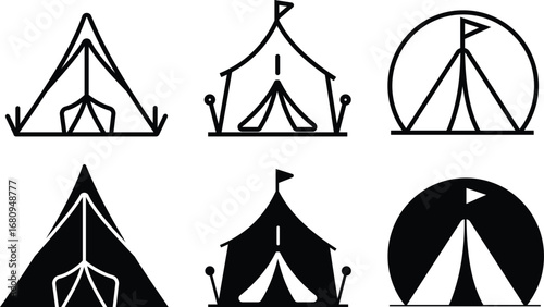 Tent vector icon set. Tourist tent canopy reinforced with a rope with a peg, the shape of a nylon hemisphere dome monochrome a symbol of open travel and relaxation. Vector illustration.
