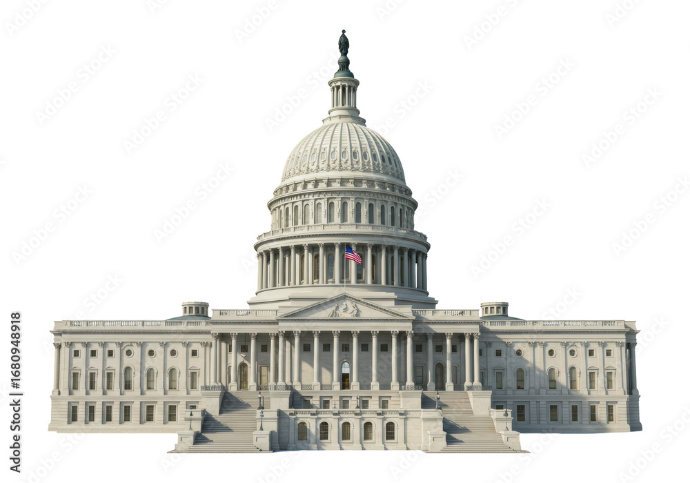 Obraz premium Isolated US Capitol Building front view with the American flag waving on the dome