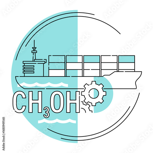 Methanol-powered innovative technology for sea shipping. ship and CH4OH formula