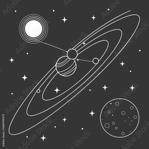 Stunning cosmic artwork captures celestial bodies and distant stars in a modern, stylized space scene