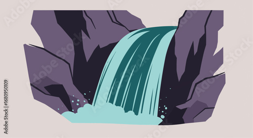 Waterfall cascading over rocks in abstract minimalist style  