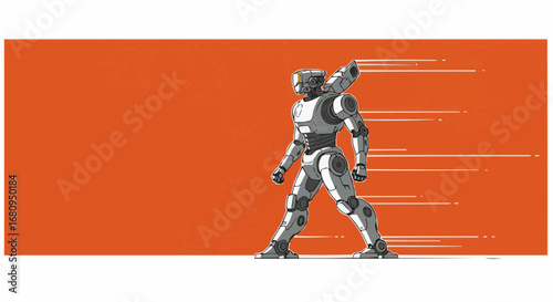 Robot walking rapidly on orange background with motion blur effects  
