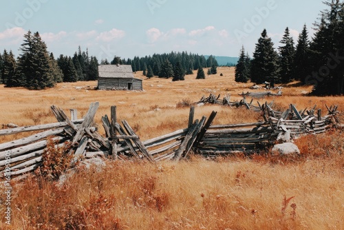Rustic wooden fence, weathered barn, golden meadow