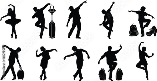 Silhouettes of dancers and travelers with backpacks, ballet poses, urban movement, dance expression, stylish travel accessories, dynamic, artistic silhouettes