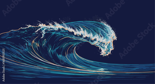Ocean wave cresting in dark blue background with dynamic motion  