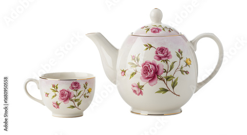 Elegant white porcelain teapot and teacup set featuring a delicate pink rose floral pattern and gold trim, isolated on a transparent background