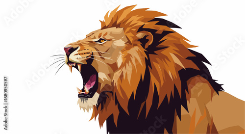 Roaring lion in profile with detailed mane on white background  