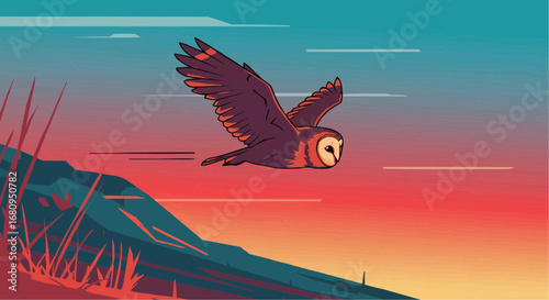 Owl flying at sunset over hills in colorful vector design  