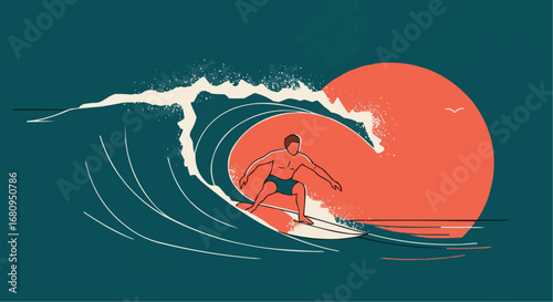 Surfer riding a wave during sunset in a vibrant ocean scene  