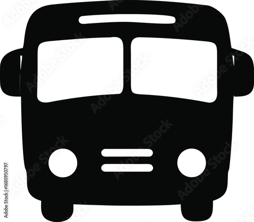 Simple black and white graphic of a front-facing bus silhouette for transportation and travel concepts silhouette