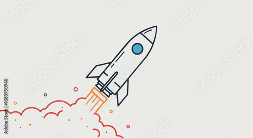 Rocket launching with flames and smoke against light background  