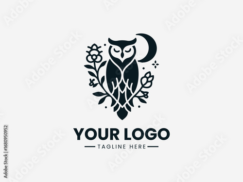 A beautiful black and white drawing of a majestic owl with decorative flowers and a crescent moon