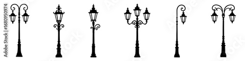 street lamps silhouettes icon set – vintage poles