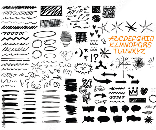 School board design featuring children's doodles, scribbles. Graphic set - arrows, circles, stars, sketch, highlighters, brushes, scribbles and doodles drawn with felt-tip pen, chalk, pen. Vector set