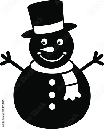 Charming black and white simple snowman wearing top hat scarf and buttons festive winter holiday character silhouette