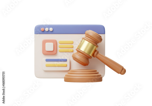 Isolated online legal service website with a gavel in front, law and legislation concept