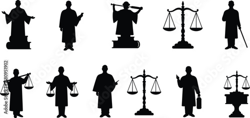 Silhouettes of Judges with Scales of Justice, Legal Symbols, Law Books, Courtroom Scenes, Justice System, Law Enforcement, Legal Authority