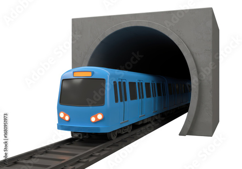 Isolated subway train exiting tunnel, underground public transportation vehicle concept