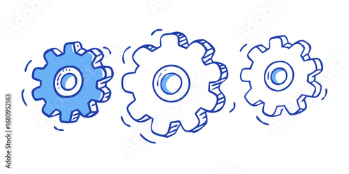 Three blue gears interlocking mechanical machinery