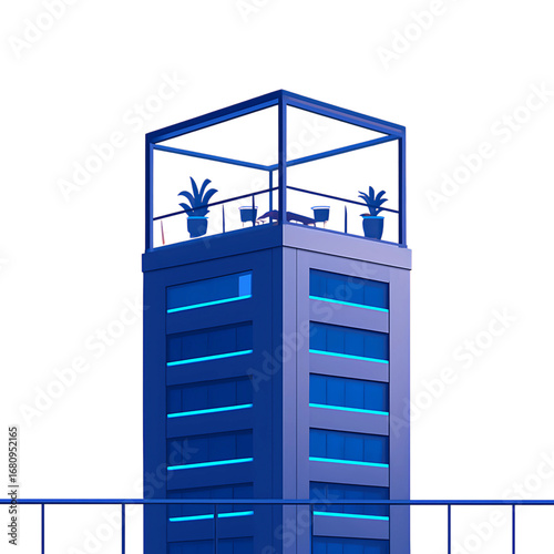 Vision of modern corporate architecture featuring a blue skyscraper with a rooftop terrace against a clean white background