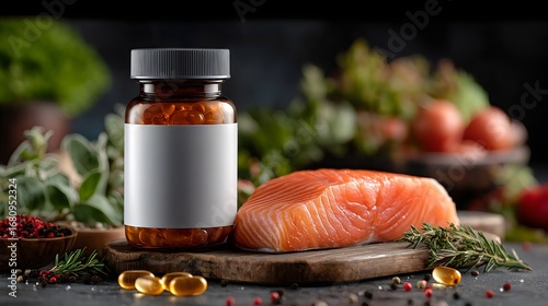 Health and diet. vitamin D capsule Supplement with salmon.
