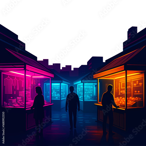 Futuristic city street market at night with vibrant neon lights illuminating stalls and shopper silhouettes, a digital art concept