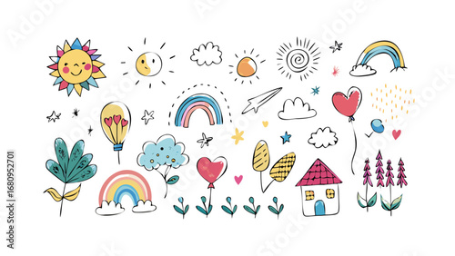 Whimsical doodle elements with sun moon and rainbows
