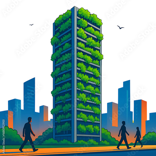 Sustainable architecture concept showing a modern skyscraper with a green facade of trees, promoting harmony between city life and nature