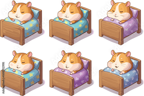 Cartoon hamster in bed, sleeping and waking poses, cozy pet character, bedtime theme, cute animal illustration, stock design
