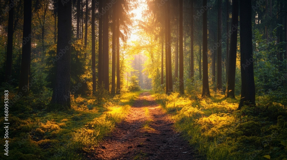 Fototapeta premium A sunlit path winds through a dense forest, sunlight streaming through the trees creating a magical glow.
