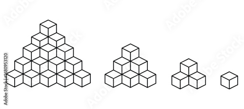 Geometric isometric cubes stacked in decreasing pyramid shapes on white background abstract arrangement