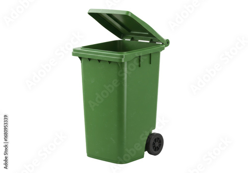 Isolated green recycling bin is standing and has its hinged lid open for discarding waste