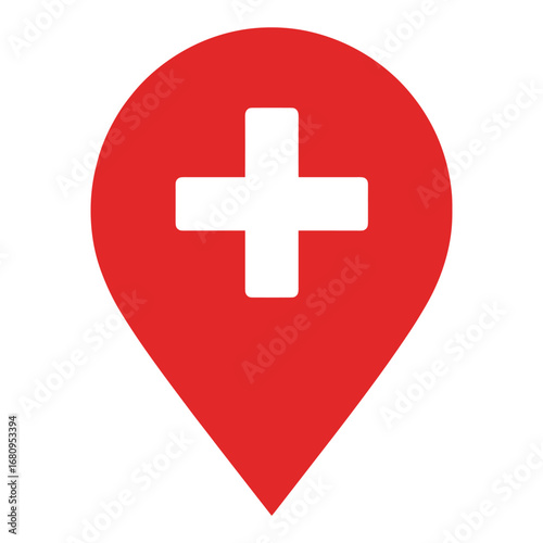 Red Location Pin Icon with White Plus Symbol Inside on White Background marker pointer