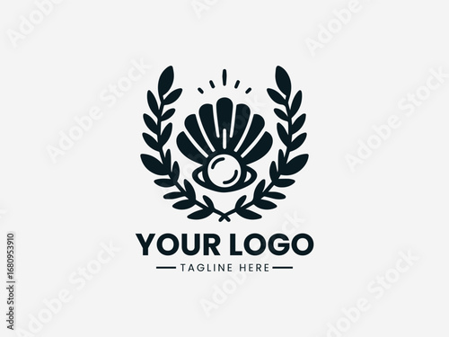 A beautiful vector logo illustration of an elegant pearl inside a sea shell with decorative laurel leaves