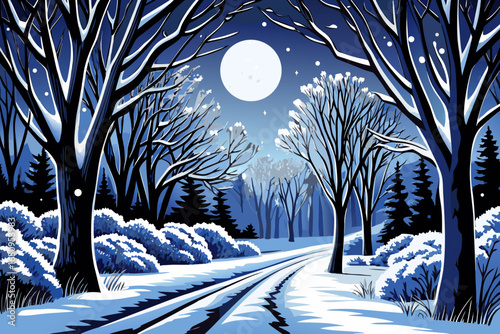a serene winter night with snow covered trees under moonlight