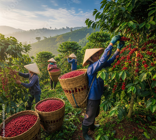 Female farmer workers are harvesting coffee on a coffee plantation.